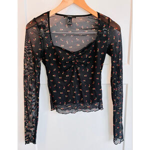 Women's Forever 21 Long Sleeve Tee S Black mesh Red roses Floral
